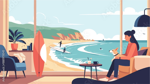Woman and dog relax indoors, watching surfers at a serene beach