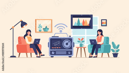 Two women on couches using laptops, a radio, and a tv in a living room