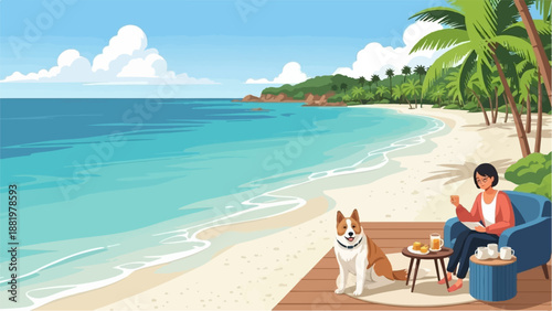 Woman and dog relax on beach deck with drinks by ocean