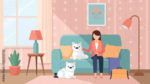 Woman and two white dogs relaxing on a teal couch in a cozy living room