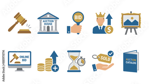 Auction and bidding icons set. Business finance sale symbols. Gavel hammer judge law. Bid paddle. House building. Internet trade market. Highest bidder price. Commercial buying selling.