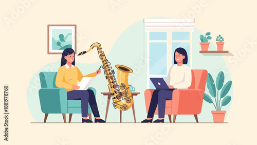 Two women practice music and technology indoors near a saxophone