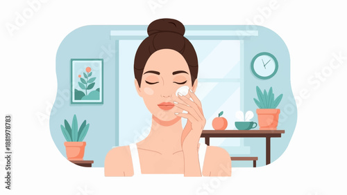 Woman applying skincare with a cotton pad in a bright, plant-filled room