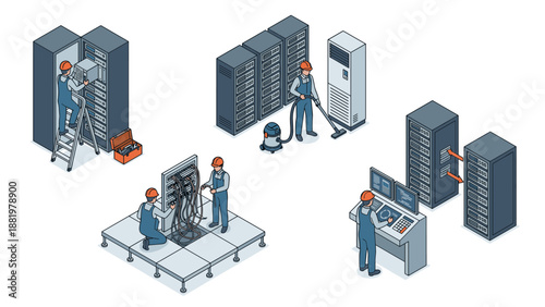 Data center maintenance workers technicians server room infrastructure repair network cabling cleaning hardware installation isometric illustration IT equipment