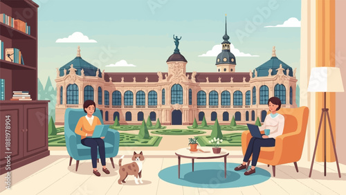 Two women reading and working on laptops inside with a grand building outside