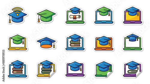 Vibrant e-learning sticker set. Graduation cap and laptop vector icons. Colorful online education symbols. Distance learning, digital school, university and academic study concept.
