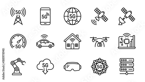 5G network technology icons set. Wireless internet connectivity vector line art. High speed communication symbols. Smart future mobile data. Satellite drone VR robot car cloud server.