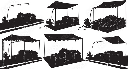 Firefighters battling warehouse fire from multiple angles illustration set