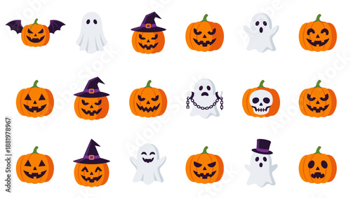 Halloween vector icons. Orange pumpkins with jack-o-lantern faces, witch hat, white spooky ghosts. Flat design collection for October holiday. Autumn symbols. Trick or treat.