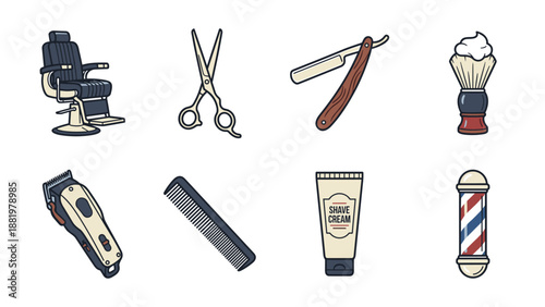Barbershop icons set. Barber chair scissors razor brush clipper comb cream pole. Vector grooming tools for haircut salon. Vintage hairstyle symbols. Hairdresser equipment isolated.
