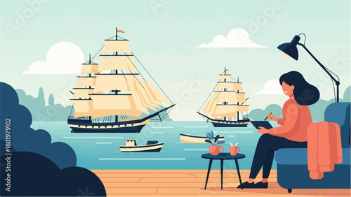 Woman drawing on tablet indoors with sailing ships on the water outside