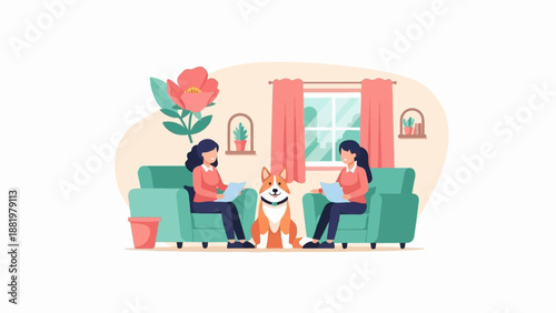 Two women reading on sofas with a dog and a flower in a room