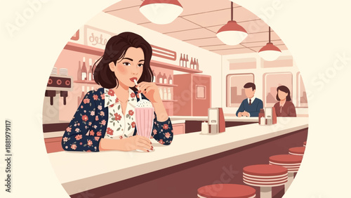 Woman drinks milkshake at retro diner counter, others sit at bar