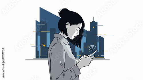 Woman engrossed in smartphone usage amidst city skyline, wifi symbol prominent