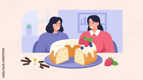 Two smiling women enjoy a festive cake adorned with berries and vanilla