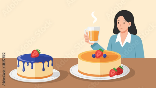 Woman enjoys cakes and a hot beverage at a table