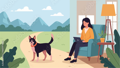 Woman works on laptop at home while dog waits outside in scenic nature