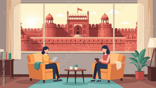 Two women relax in armchairs looking at devices with a historic fort view