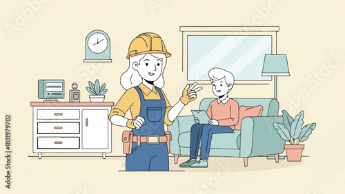 Worker in hardhat explaining something to a man sitting on a sofa