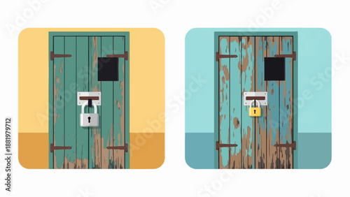 Two weathered wooden doors, one locked, against contrasting backgrounds