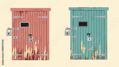 Two weathered wooden doors, one red, one teal, both padlocked