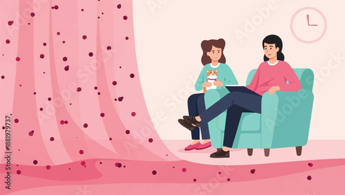 Two women relax indoors with a small dog, a clock on the wall