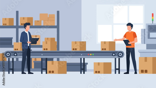 Workers oversee conveyor belt loading boxes in a warehouse