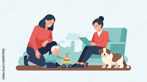 Two women and a baby play with toys and read while a dog rests nearby