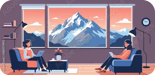 Two women relax indoors, working on laptops while admiring a snowy mountain vista