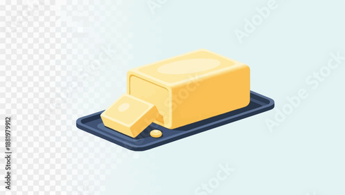 Yellow butter block and cube on dark blue tray, light blue background