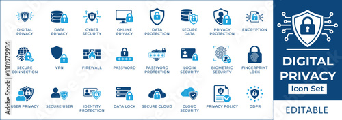 Digital privacy and online security icon set featuring data protection, VPN, GDPR compliance, biometric security, encryption, firewall, secure connection, and user privacy symbols.
