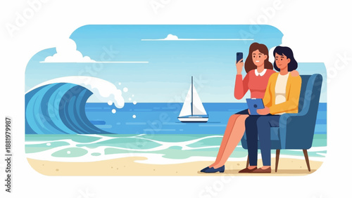 Two women relax on a beach chair taking a selfie with a sailboat in background