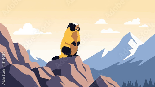 Yellow marmot stands alert on rocky peak with snow-capped mountains background