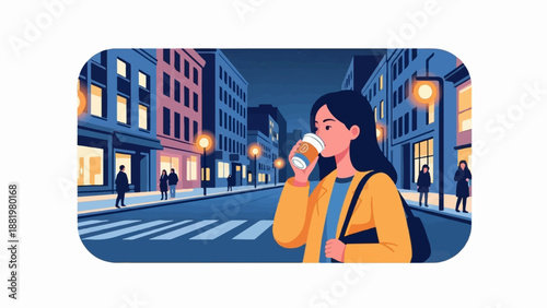 Woman in yellow jacket drinks coffee on a city street at night