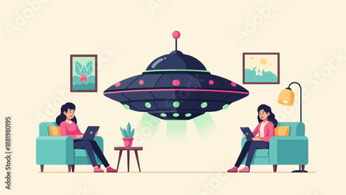 Two women relax on couches using laptops under a hovering alien spacecraft