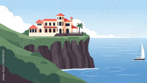 Villa perched on a cliff overlooking the ocean with a sailboat in the distance