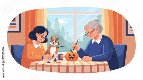 Two women and a dog carve a pumpkin indoors by a window
