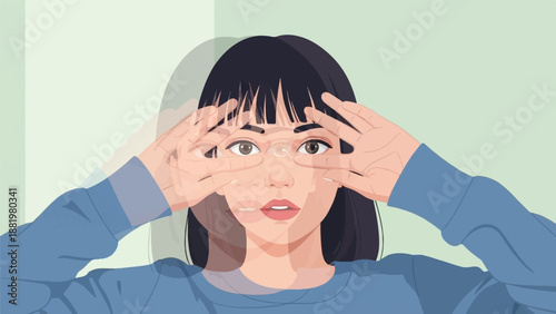 Woman looking through hands in abstract art style