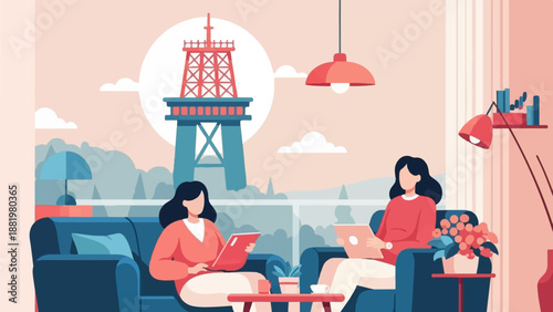 Two women relaxing indoors, looking at devices, with a tower visible outside