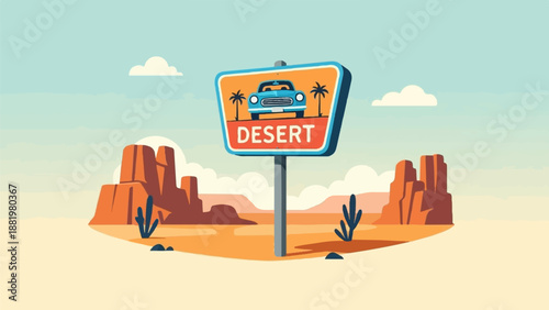 Vintage car parked in a desert landscape with a prominent sign
