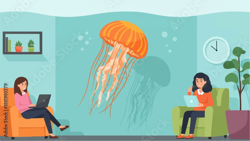 Two women relaxing indoors, each with a laptop, while a jellyfish floats majestically
