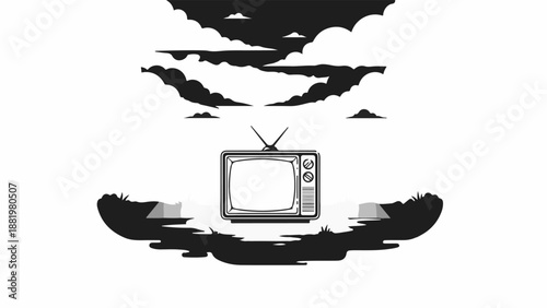 Vintage television with antenna sits in silhouette landscape under cloudy sky