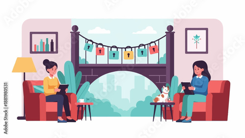 Two women and a dog relax in cozy chairs by a bridge with locks