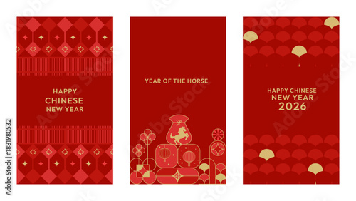 Elegant Lunar New Year 2026 mobile background set. Minimalist Year of the Horse greeting cards with luxury gold line art and traditional Asian motifs on a deep red background.