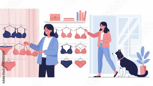 Two women shopping for undergarments, one with a dog companion nearby