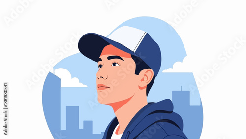 Young man with cap and hoodie, looking up at a city skyline