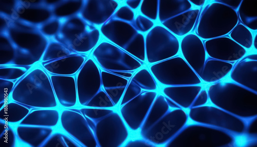 The scene showcases a vibrant blue glowing mesh filled with interconnected patterns. The texture appears fluid and dynamic, with light illuminating various shapes throughout.