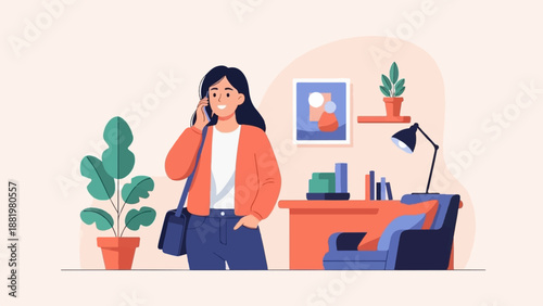 Woman on phone at desk with plants and art