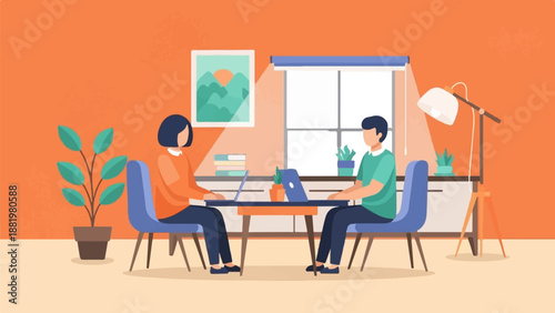 Two people working on laptops at a table in a brightly lit room