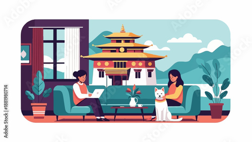 Two women and a dog relaxing indoors with a Bhutanese building view